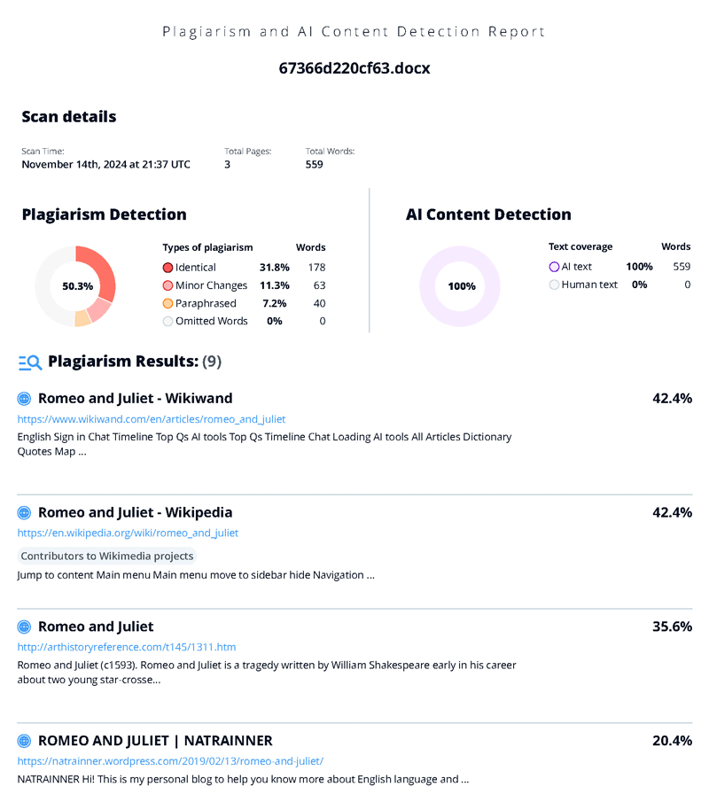 Plagiarism checker and AI detection report - page 1