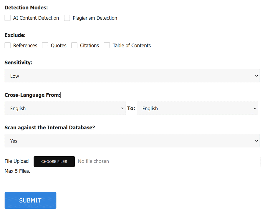 Plagiarism checker scan options